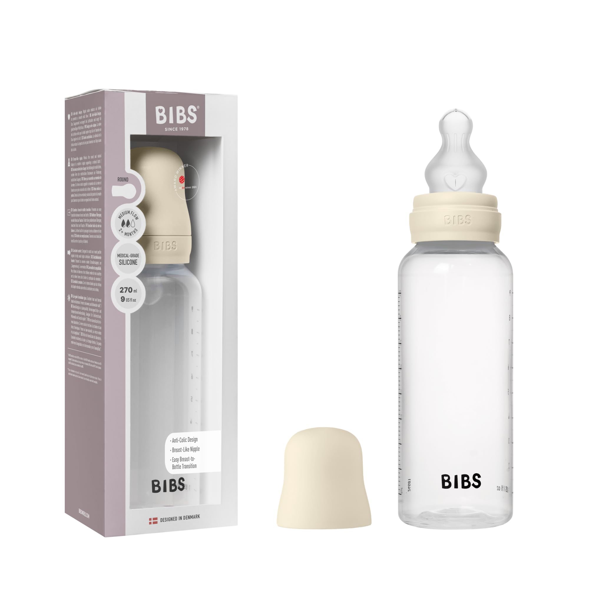 BIBS Plastic Baby Bottle, 270 ml, 1-Pack, Silicone Nipple, Ivory