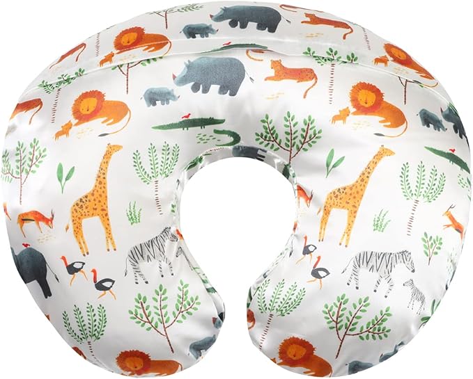 Satin Nursing Pillow Cover Set 2 Pack Ultra Soft Silk Compatible with Boppy Pillow for Breastfeeding Pillow Protect for Baby Hair and Skin Elephant & Rhino Lion