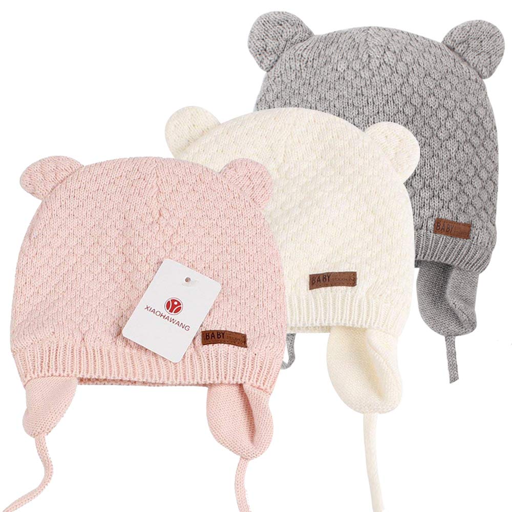 XIAOHAWANG Baby Hat Cute Bear Toddler Earflap Beanie Warm for Fall Winter (A-Set Grey+White+Pink, M(6-12 Months))
