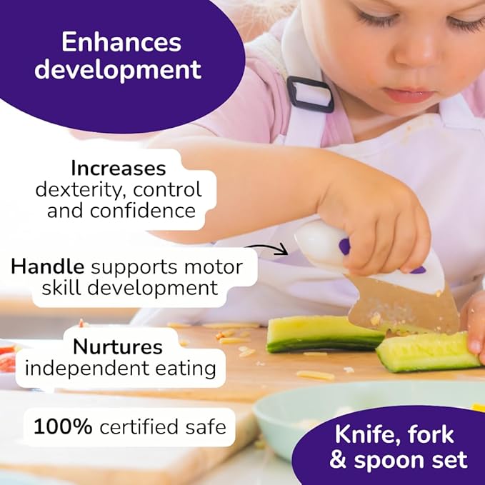 doddl Toddler Utensils, Ergonomic Fork Spoon and Knife Set for Self Feeding, Stainless Steel Silverware for 1-3 Year Olds, BPA Free, Dishwasher Safe (Indigo)
