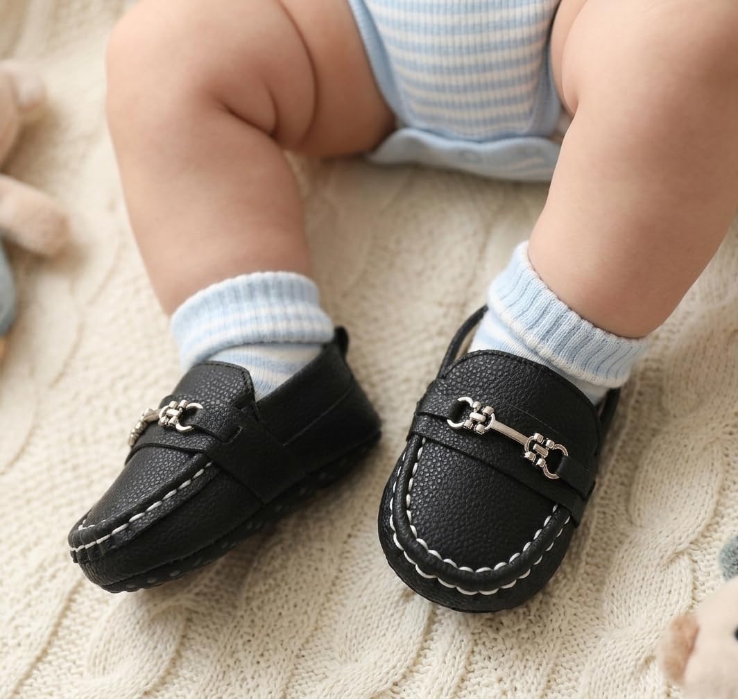 LONSOEN Infant Shoes Boys Loafers Baby Girls Crib Moccasins Classic Synthetic Leather Wedding Dress Shoes,BAY209 Black 0-6 Months