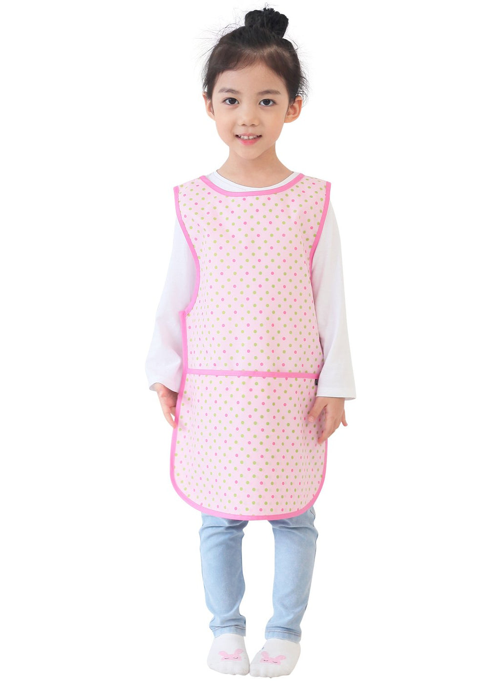 Plie Kids Painting Apron – Waterproof Art Smock for Toddlers & Preschoolers, Messy Play, Baking, Crafts, Cooking, Sensory Activities, Mealtime (Ages 1–10), Pink&Green Dot (29-XL)