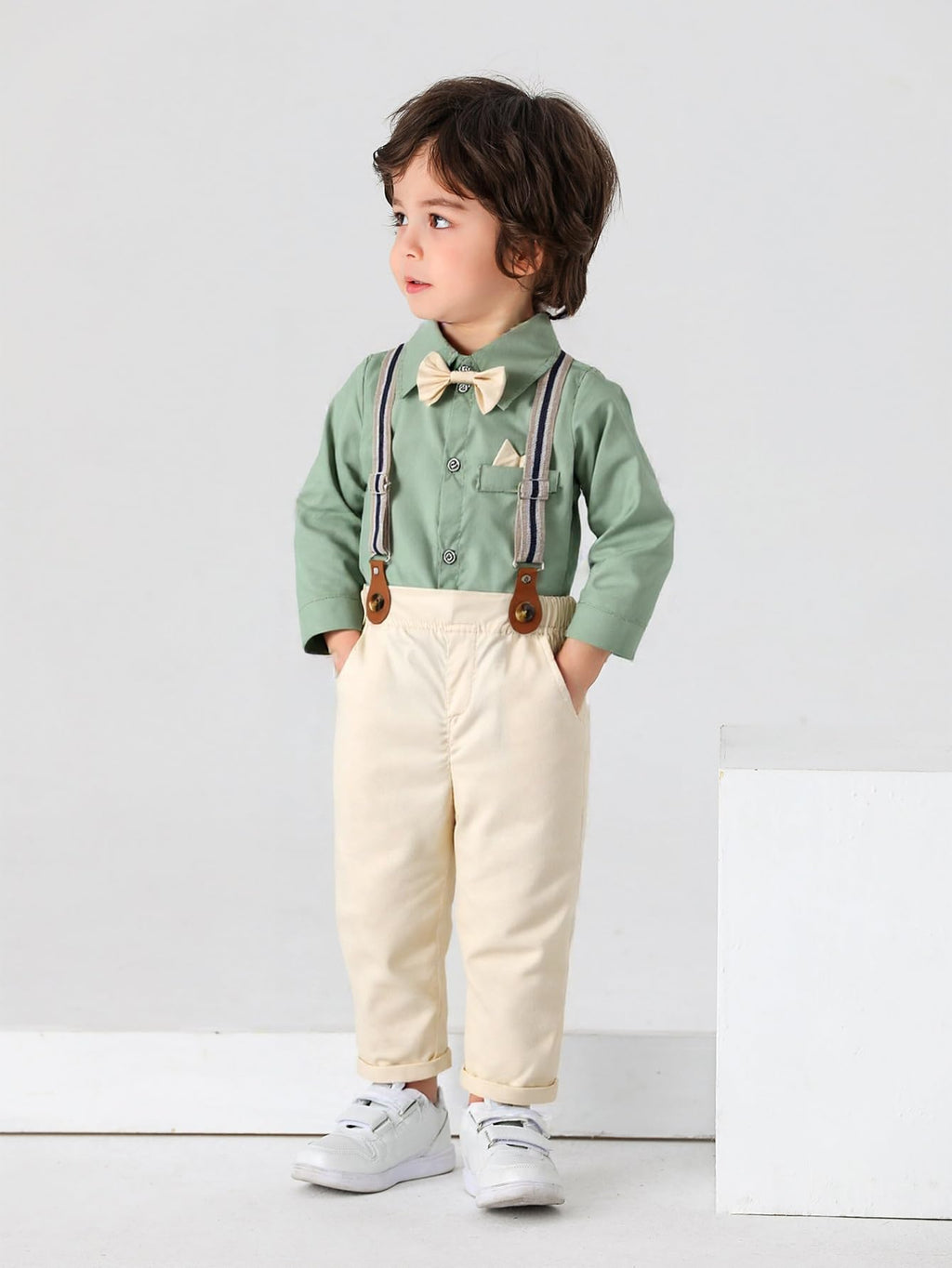 Boarnseorl Baby Boys Pants Sets,Toddler Gentleman Outfits, Infant Long Sleeve Shirt + Pants + Bow Tie + Suspenders,3-6M