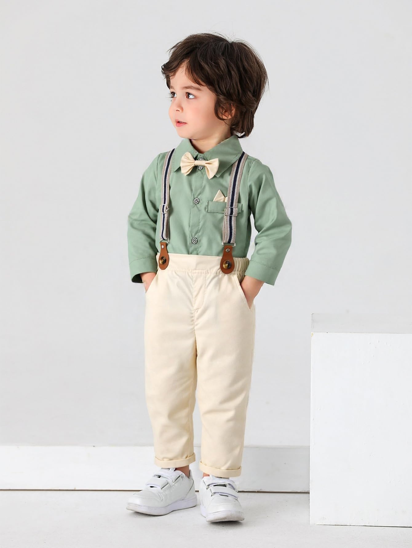 Boarnseorl Baby Boys Pants Sets,Toddler Gentleman Outfits, Infant Long Sleeve Shirt + Pants + Bow Tie + Suspenders,3-6M