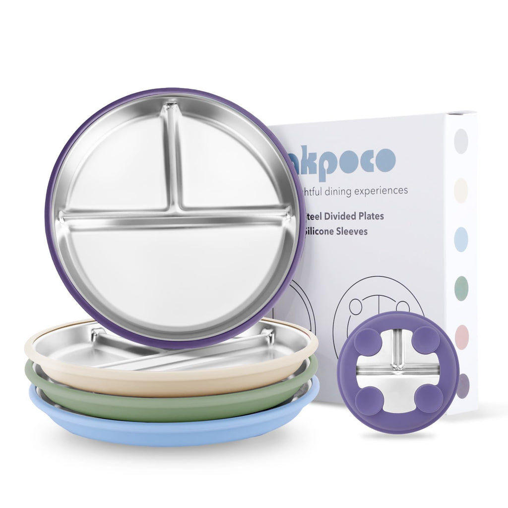 Bakpoco Stainless Steel Suction Plates for Toddlers, 9" Divided Kids Baby Plates with Removable Silicone Suction, Non Toxic Non Slip Portion Control Snack Dishes 4 Packs, Blue Green Purple Beige