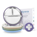Bakpoco Stainless Steel Suction Plates for Toddlers, 9" Divided Kids Baby Plates with Removable Silicone Suction, Non Toxic Non Slip Portion Control Snack Dishes 4 Packs, Blue Green Purple Beige