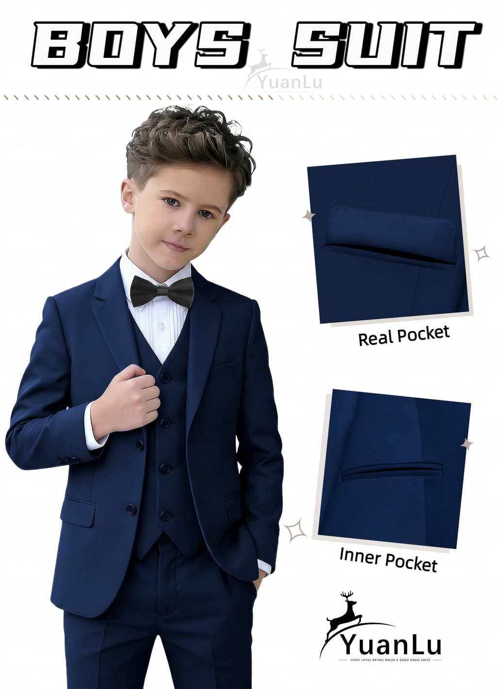 YuanLu Youth Suit for Boys Slim Fit Formal Outfit Kids Navy Tuxedo Size 12