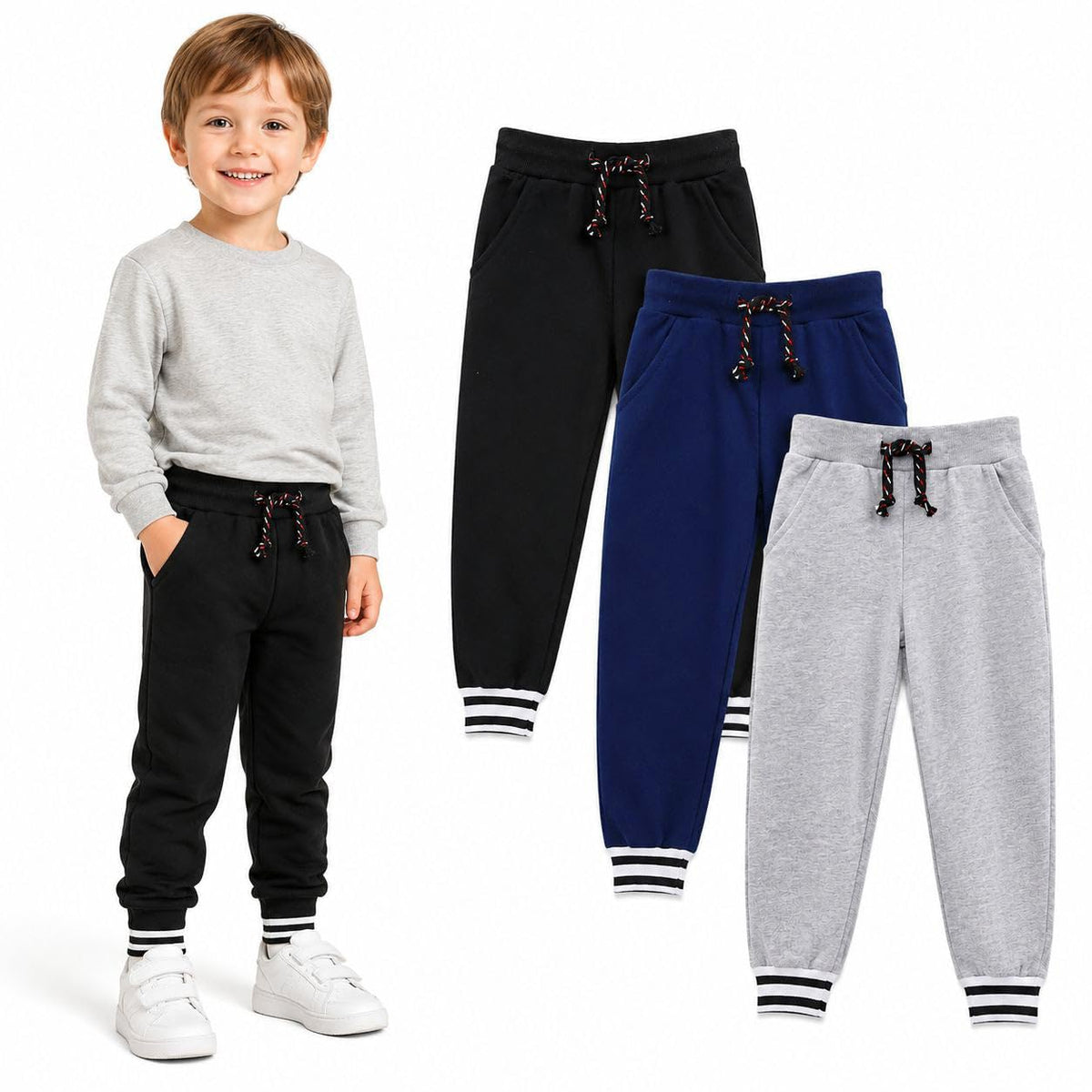 HILEELANG Boys Jogger Pants Cotton Sweatpants 3 Pack Pockets Black
