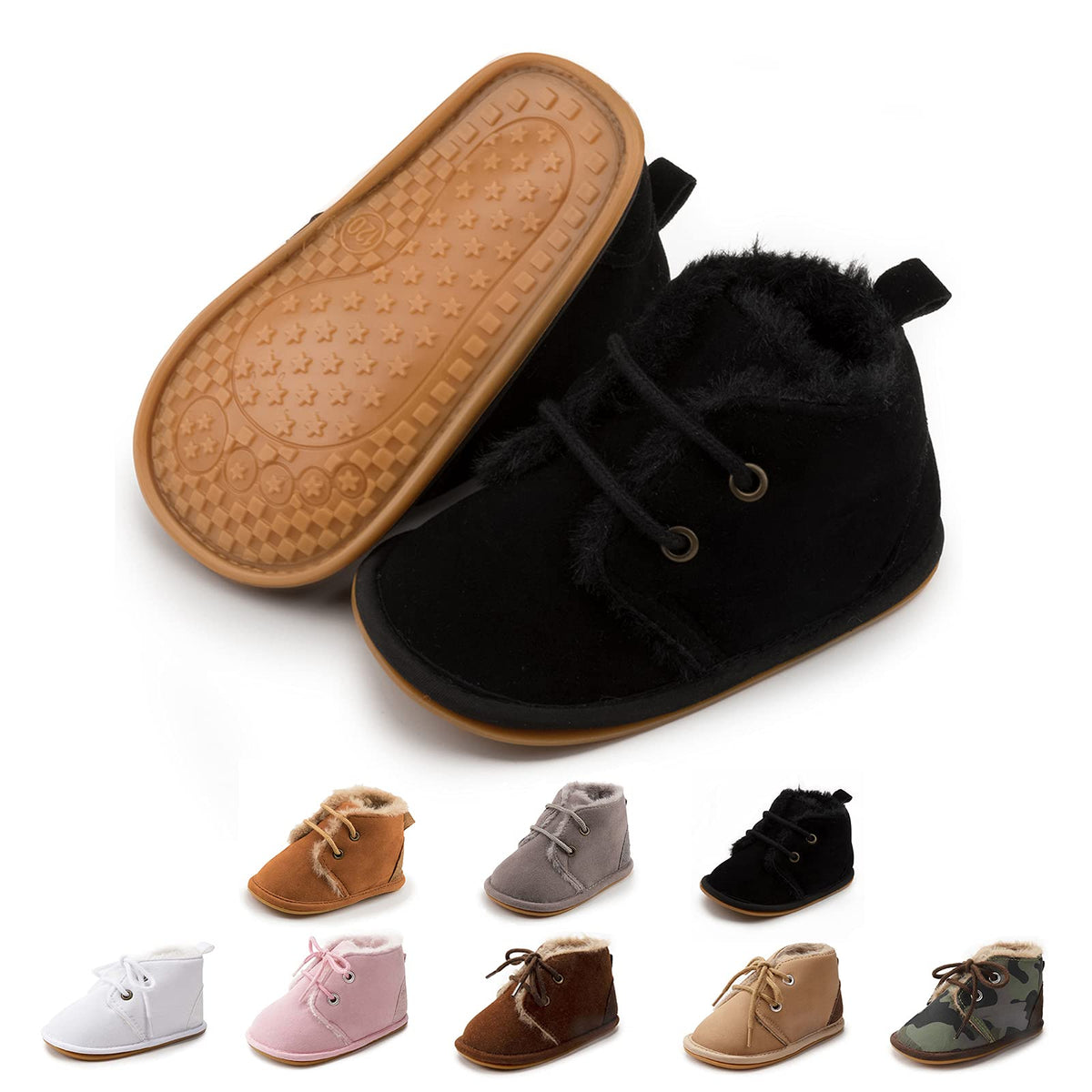 Zoolar Baby Unisex Warm Snow Boots Newborn Leather Fur Lace Up Ankle Anti-Slip Rubber Texture Sole Toddler Prewalker Winter Crib Shoes