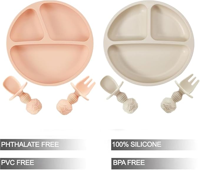 PandaEar 2 Pack Silicone Divided Suction Plates with 2 Spoons 2 Forks for Babies & Toddlers | Baby Led Weaning Supplies Self Feeding Eating Utensils | BPA-Free Silicone Baby Feeding Set -Pink & Linen