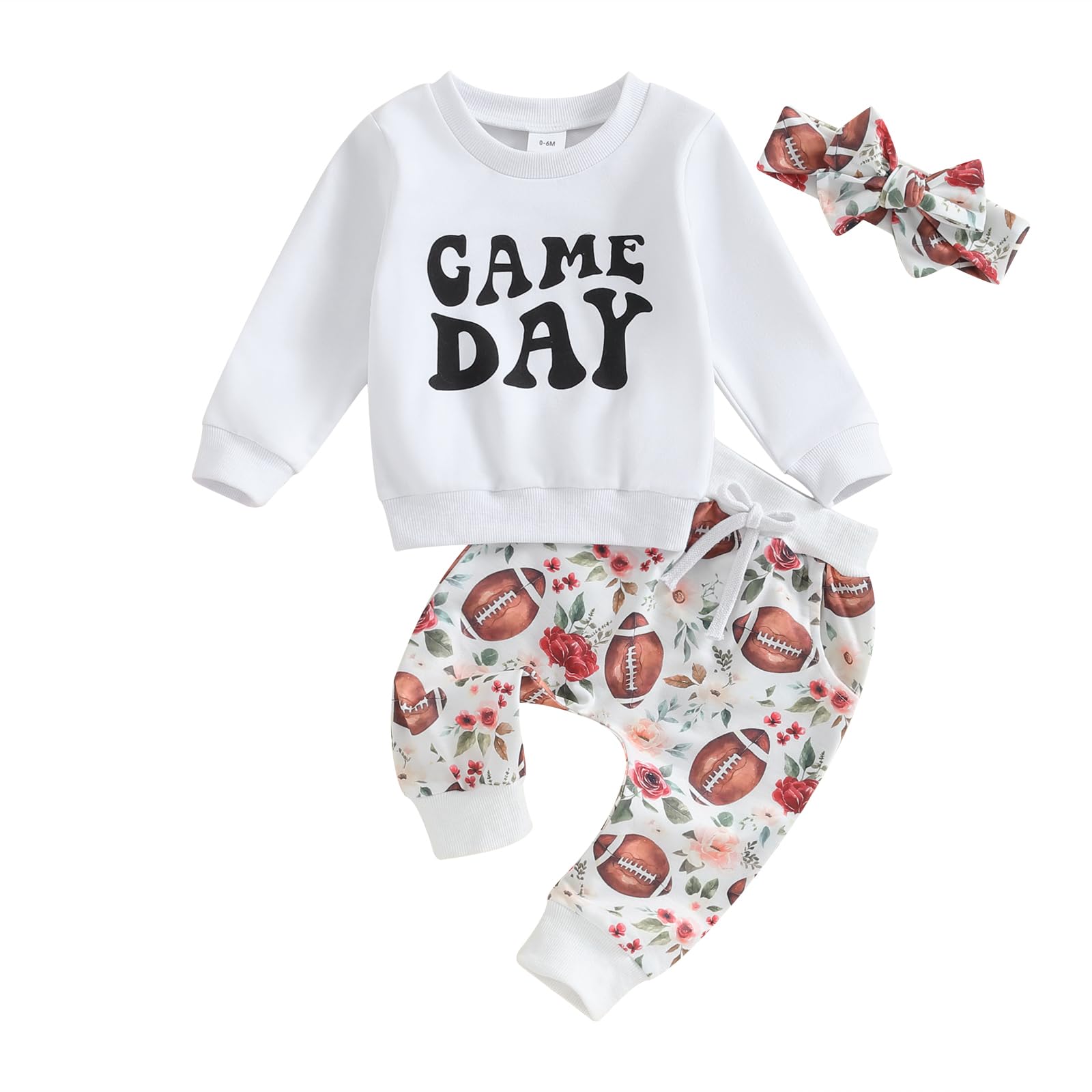 CIYCUIT 3Pcs Baby Girl Football Outfits Letter Print Sweatshirt + Pants + Headband 0 6 12 18 24 Months Clothes 6-12 Months