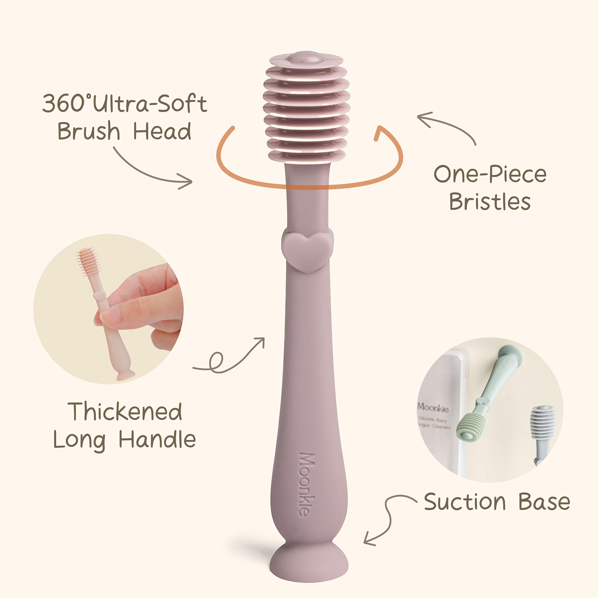 Moonkie Baby Tongue Cleaner, Toddler Toothbrush, Baby Oral Cleaner Newborn Kit for 3 Months+, 3 Pcs (Blush/Pale Mauve/Ivory)