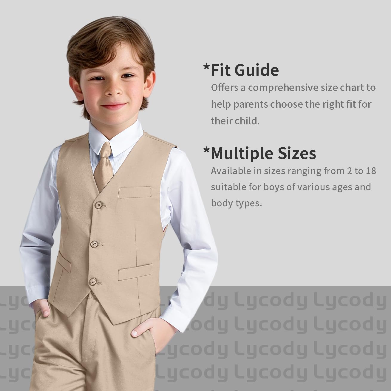 Boys Suit Vest Set Formal Dress Suits Wedding Outfit, Champagne, Size 7