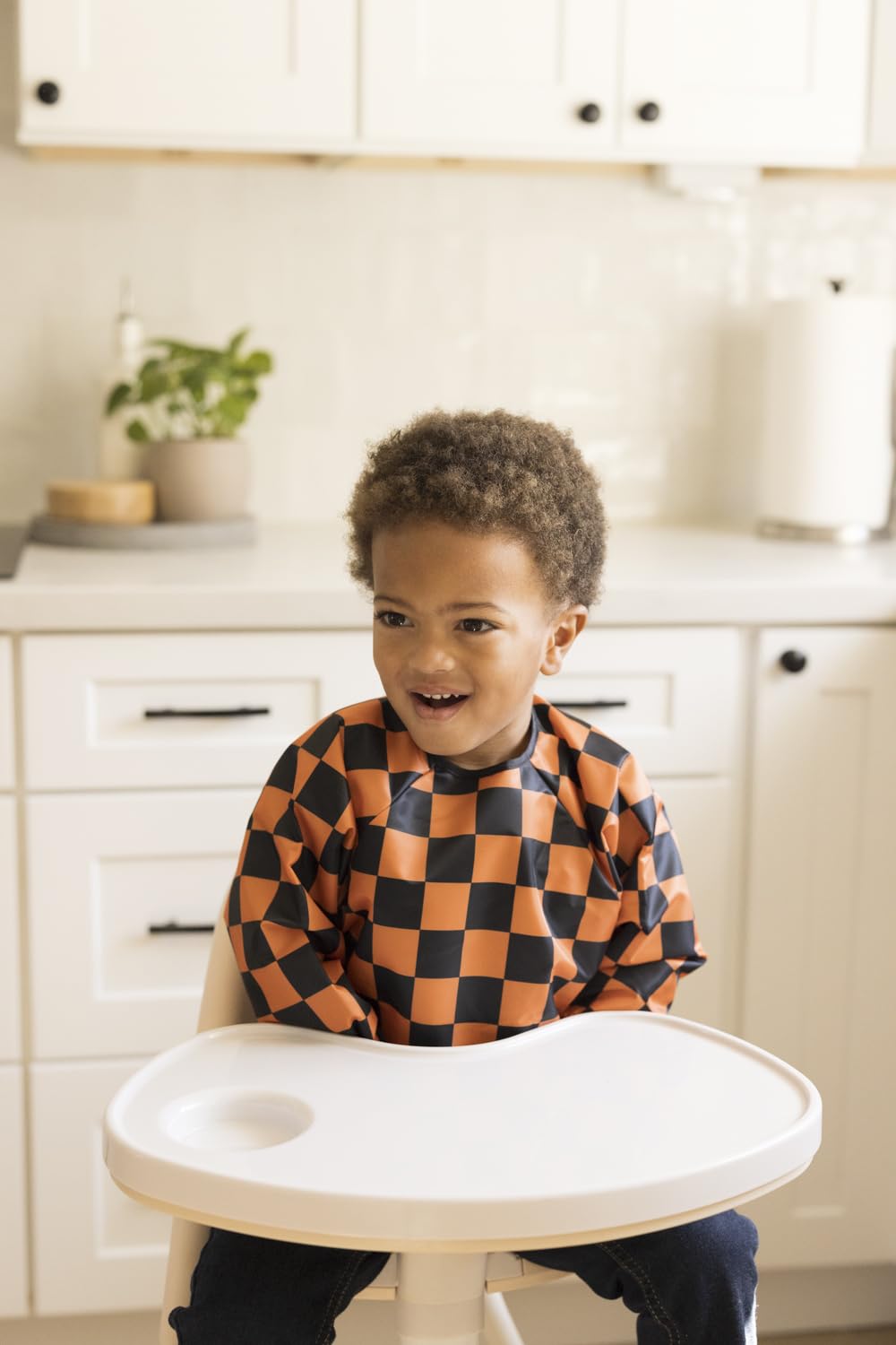 Tiny Twinkle Long Sleeve Bib for Babies & Toddlers | Waterproof Smock Bib for Eating | Machine Washable & Mess-Proof Feeding Essentials | Newborn Shower Gift (Orange,Black Checkers, 6–24M)