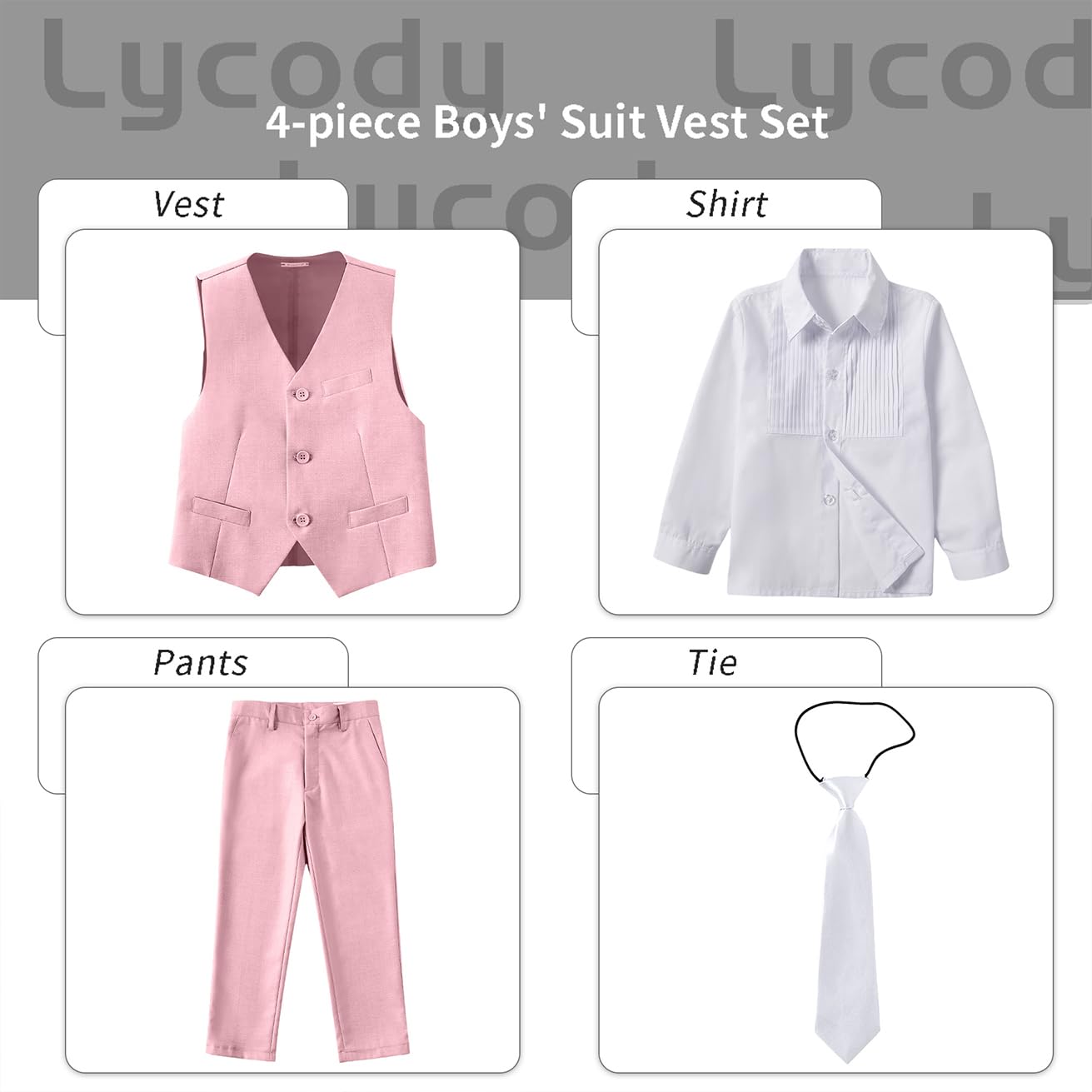 Lycody Boys Suit Vest Set Formal Dress Suits Wedding Outfit, Pink, Size 16