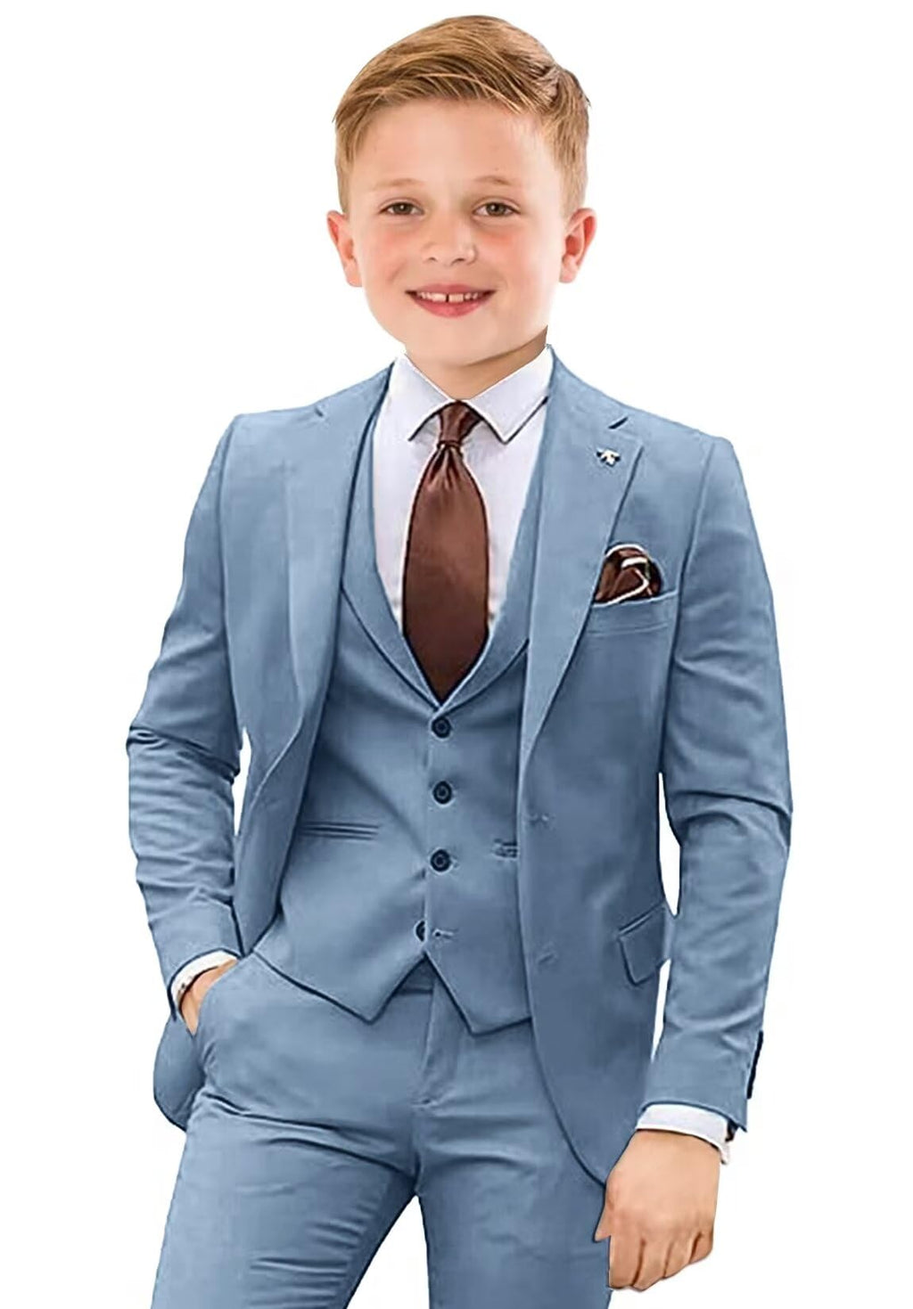 Blue Suits for Toddler Boys Formal 4 Piece Set Wedding Tuxedo Suit Slim Fit Ring Bearer Outfit Blazer Vest Pants with Tie Size 7