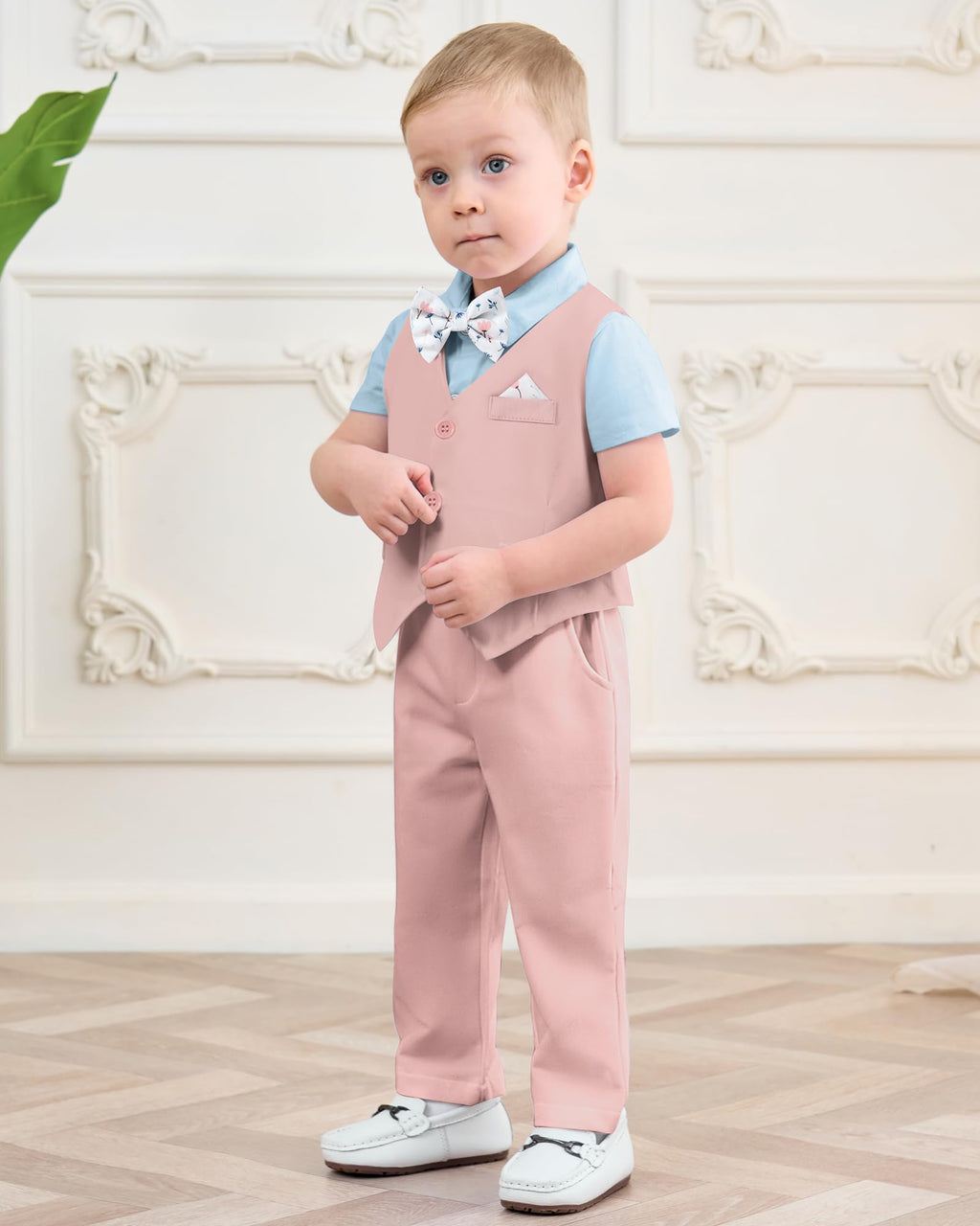 DISAUR Baby Boy Formal Outfits Short Sleeve Infant Blue Shirt Pink Vest Pants Bow Tie Baby First Halloween Outfit Boy 18 24 Months 2t