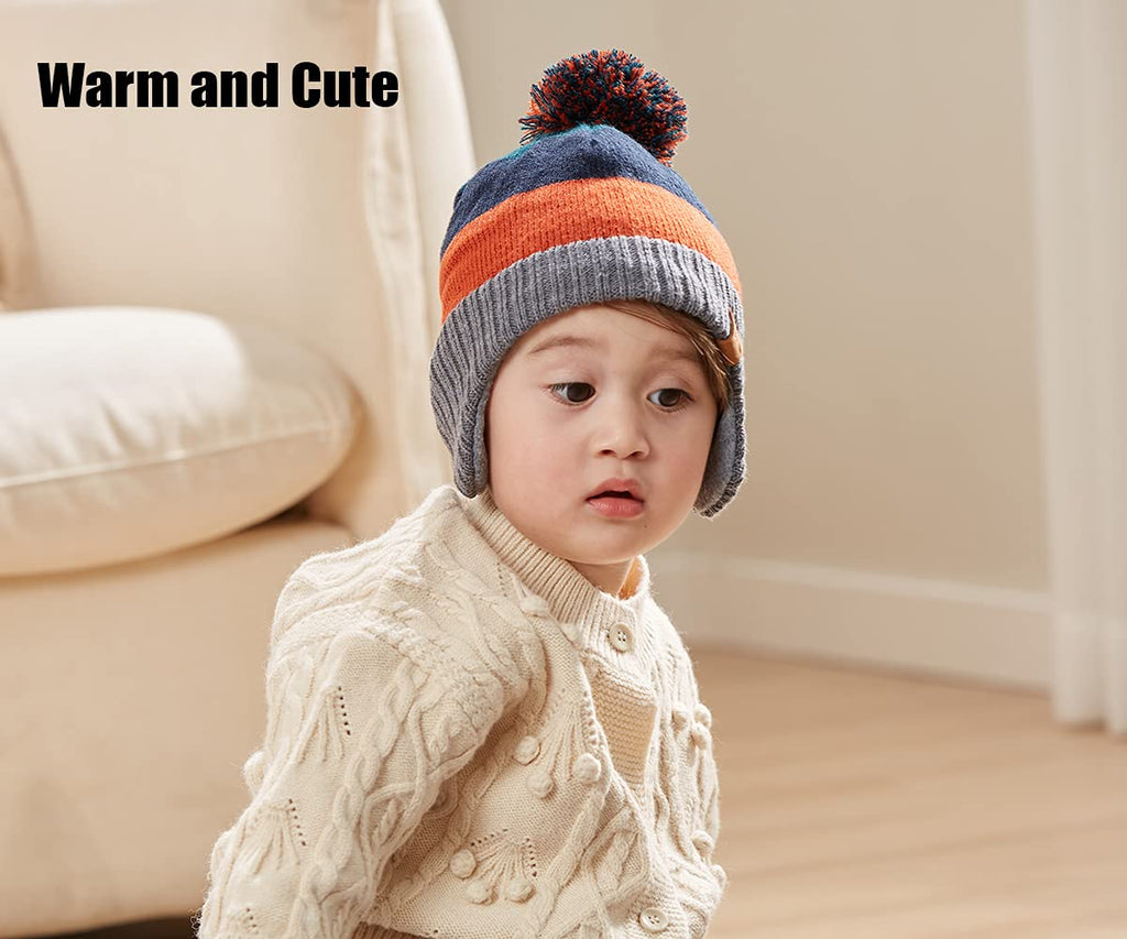 LMLALML Boys Winter Hat - Kids Knit Warm Fleece Lined Beanie with Pom Pom