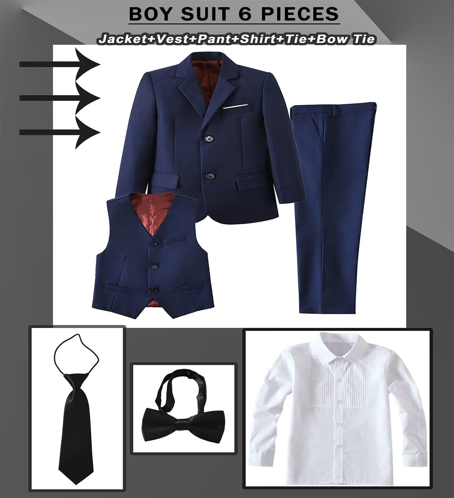 Boys Suit Slim 6 Piece Formal Kids Tux Suits Prom Boy Outfit Navy Blue 16