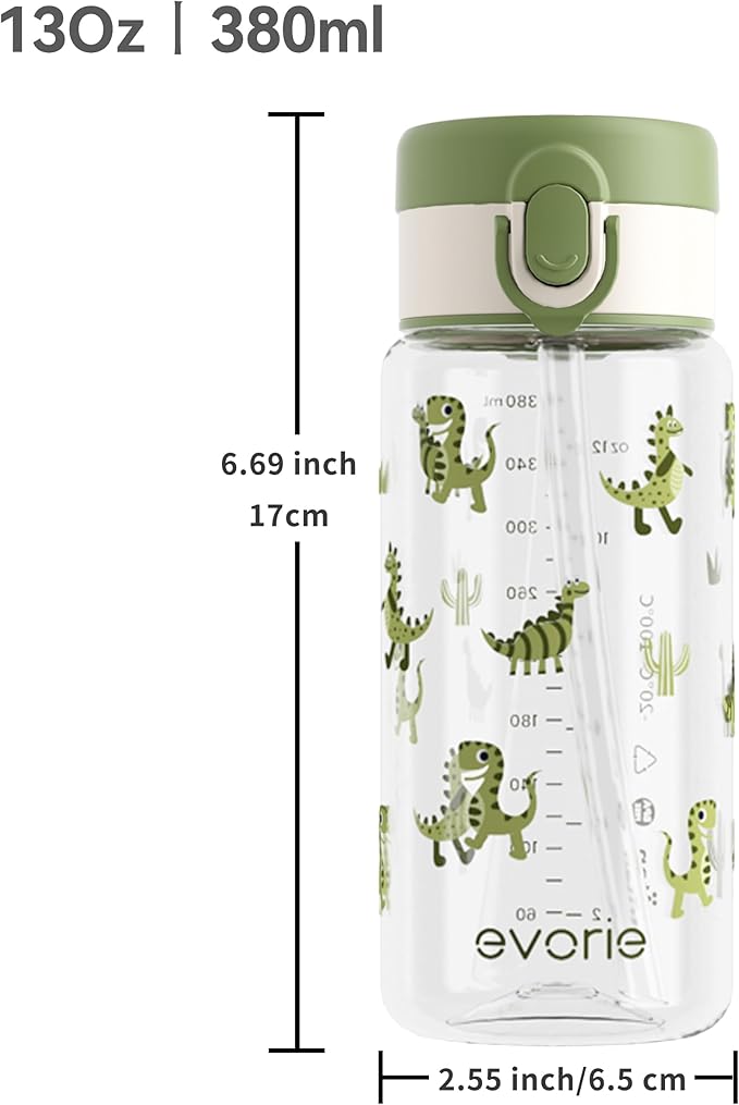 Evorie Tritan Kids Water Bottle for School with Straw, 13oz BPA Free Leak Proof Drinking Cup, Lightweight and Durable Drink Bottle (Green Dino)