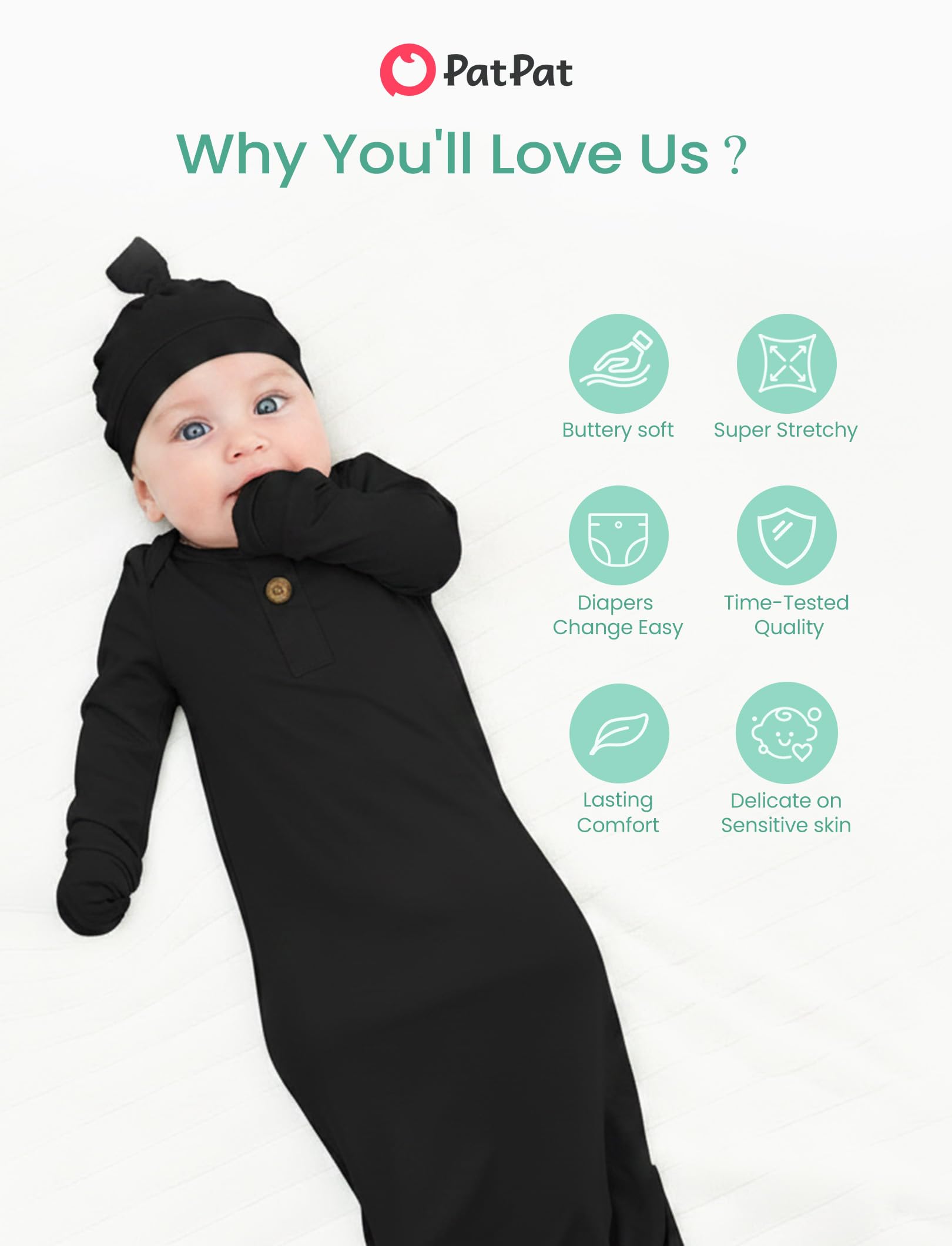 PATPAT Baby Sleeper Gown with Bamboo Viscose for Newborn Girls Boys, Knotted Nightgown with Mittens for Infant Home Coming, Onyx-Hat, 3-6M