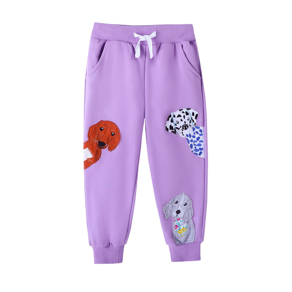 HILEELANG Baby Girls Cotton Joggers Sweatpants Animal Embroidery Drawstring Waist and Pockets-Pink Purple Casual Athletic Pants for Kids 18M