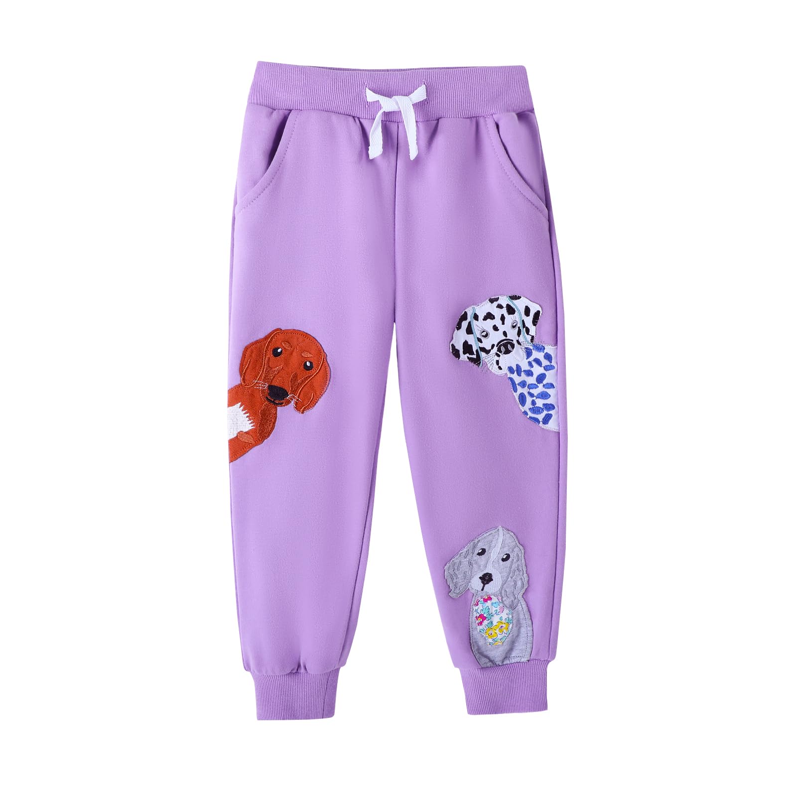 HILEELANG Baby Girls Cotton Joggers Sweatpants Animal Embroidery Drawstring Waist and Pockets-Pink Purple Casual Athletic Pants for Kids 18M