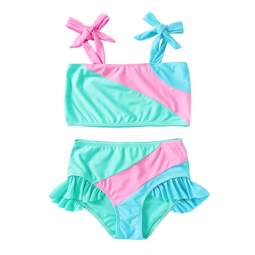 YOUNGER TREE Toddler Girls Two Pieces Swimsuit Color Block Stripe Swimwear Summer Beach Bathing Suit (Green 18-24 Months)