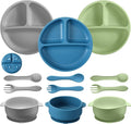 Chengu 12 Pcs Silicone Bowl with Suction Set for Baby Toddler with Suction Plate, Spoon and Fork, Divided Design Baby Feeding Utensils Weaning Kit, Dishwasher and Microwave Safe