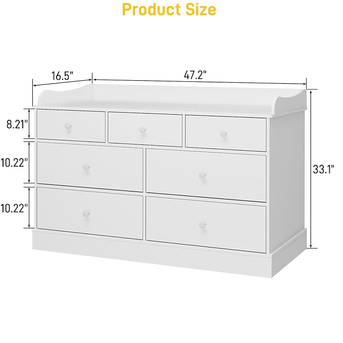 Vabches Kids Dresser Cabinet with 7 Drawers, Changing Table for Nursery, White Chest of Drawers, Baby Dresser, Kids Bedroom Furniture, Nightstand for Child’s Room, White