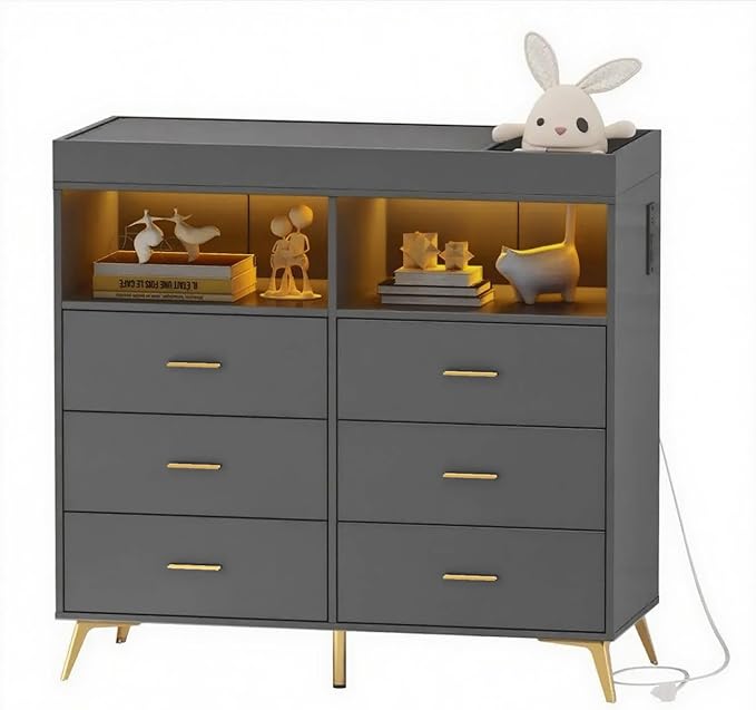 GarveeHome Dresser for Bedroom with 6 Drawers, Baby Changing Table Dresser with Changing Pad, LED Lights & Charging Station, Baby Changing Station with Changing Table Top