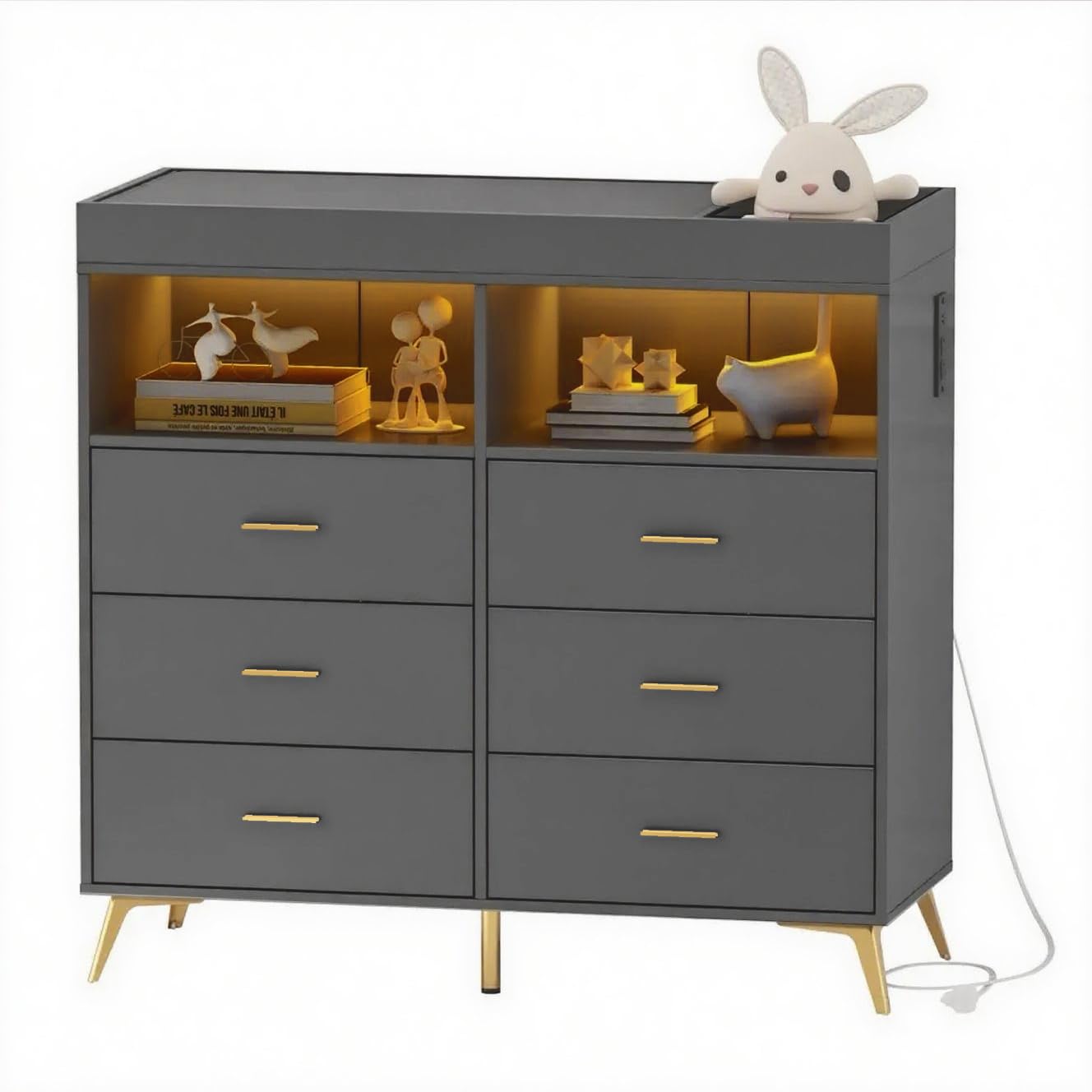 Babevy Changing Table Dresser with Drawers, Baby Dresser with Changing Table Top, Power Outlet, LED Light & Metal Feet, Diaper Changing Station Nursery Organizer for Infants Newborn (Grey)