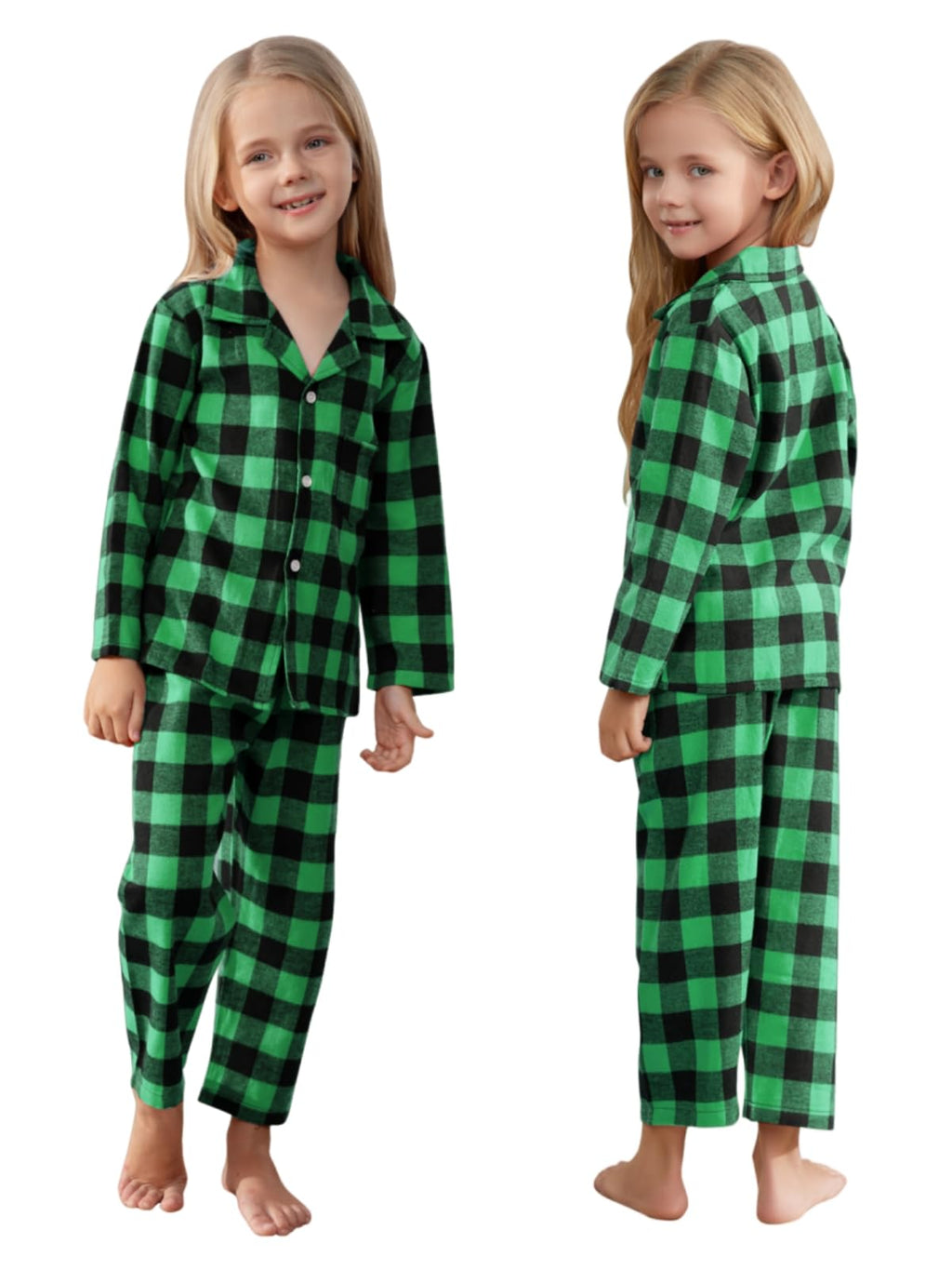 Schbbbta Family Plaid Pajamas Set, Girls Boys 2-Piece Pajamas Set Long Sleeve Sleepwear Button Down Pjs, Black Green, 5-6 Years = Tag 130