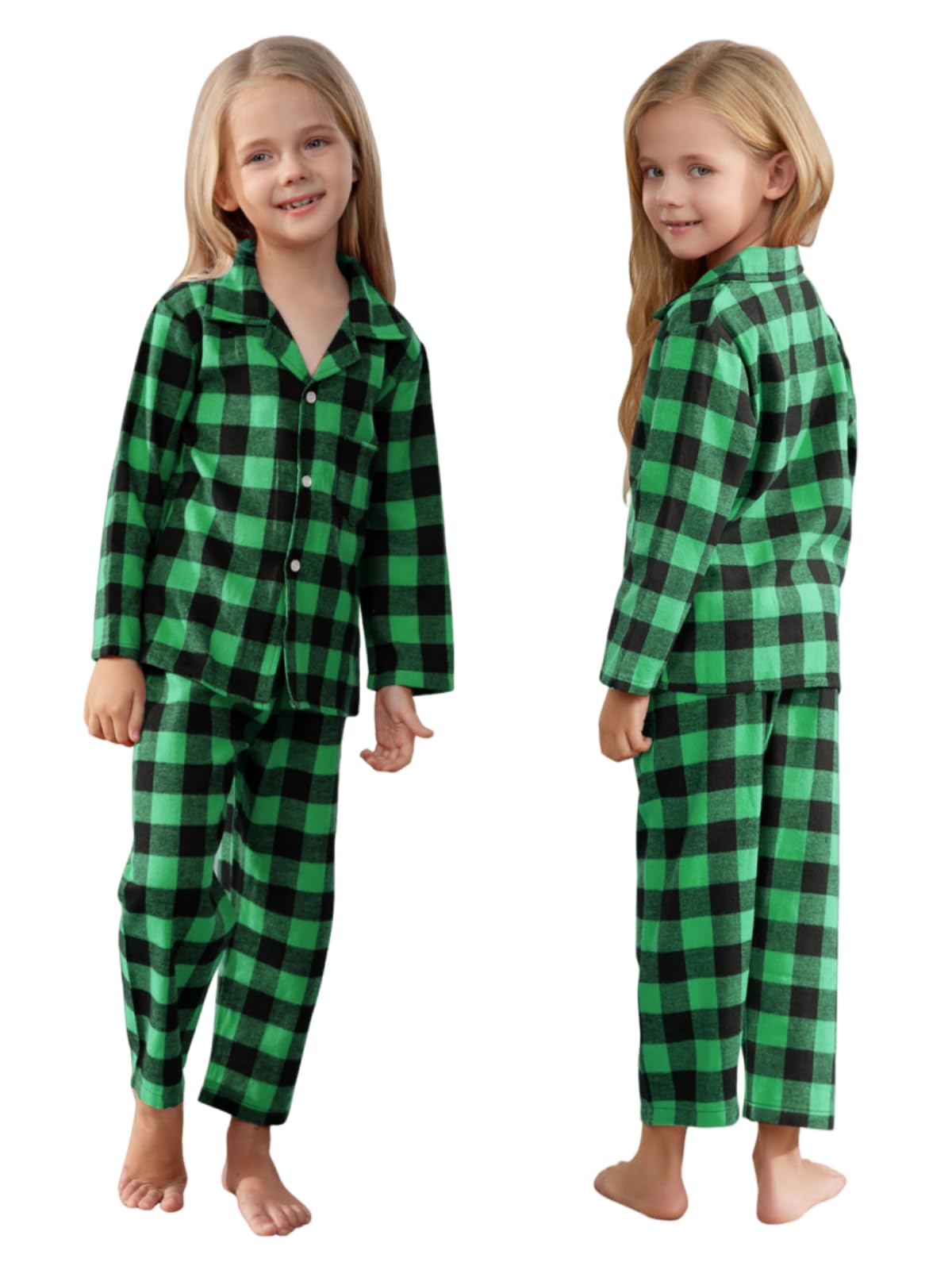 Schbbbta Family Plaid Pajamas Set, Girls Boys 2-Piece Pajamas Set Long Sleeve Sleepwear Button Down Pjs, Black Green, 5-6 Years = Tag 130
