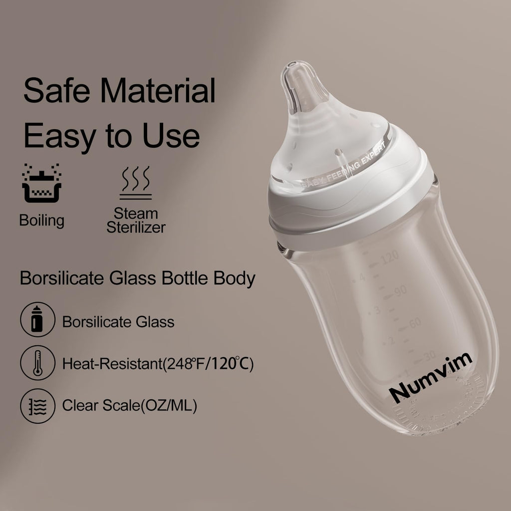Numvim Natural Glass Baby Bottles with Gentle & Slow Flow Nipples, Newborn Breastfeeding Bottle, Anti-Colic, Includes M Nipples(3 Month+),3 Packs (White 8 Oz)