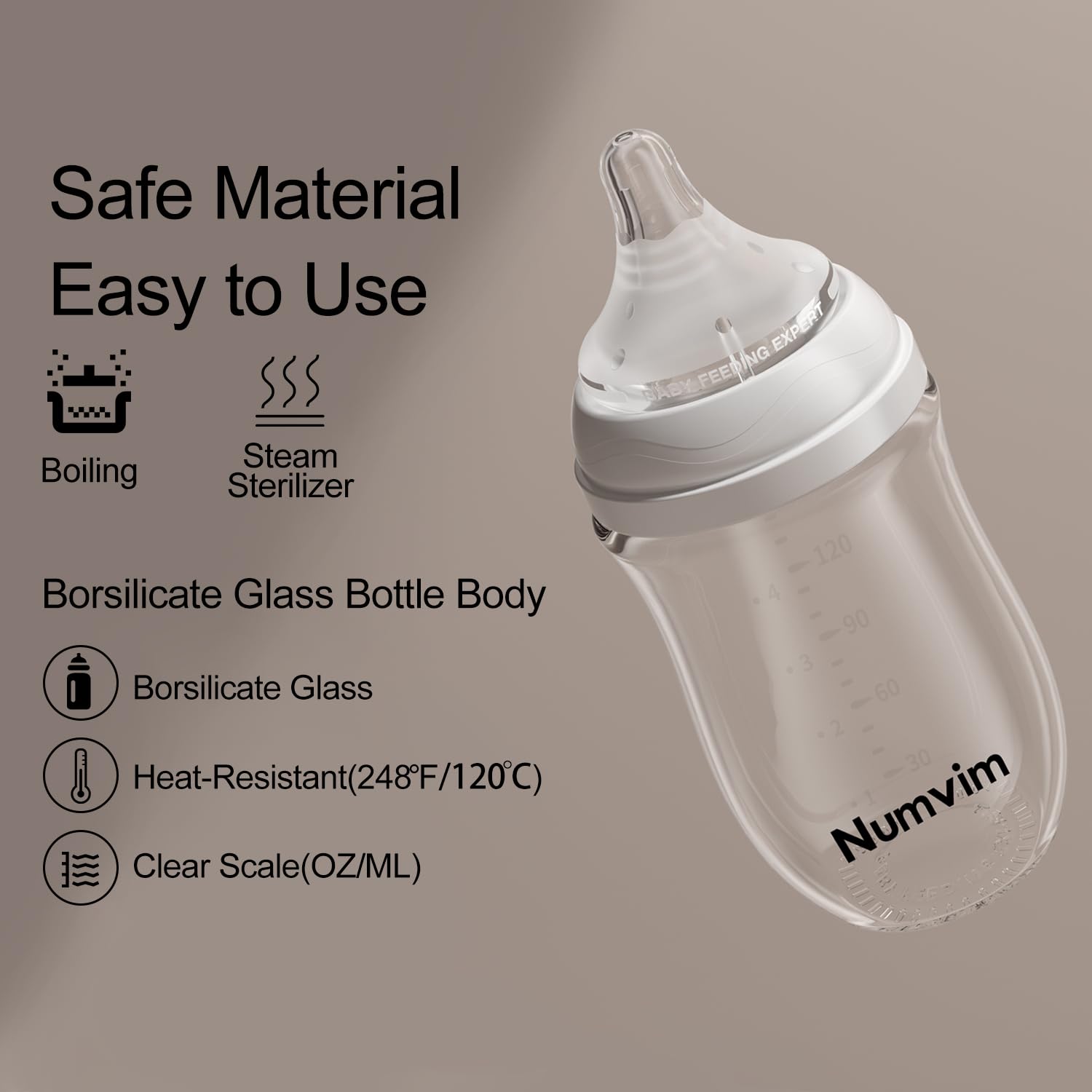 Numvim Natural Glass Baby Bottles with Gentle & Slow Flow Nipples, Newborn Breastfeeding Bottle, Anti-Colic, Includes M Nipples(3 Month+),3 Packs (White 8 Oz)