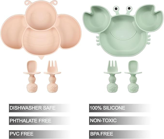 PandaEar 2 Pack Silicone Suction Plates for Toddlers Baby with 4 Spoons Self Feeding, Divided Unbreakable Toddler Plates with Suction, Baby Plates and Utensils Set, Baby Dishes, Green Crab & Pink Bee