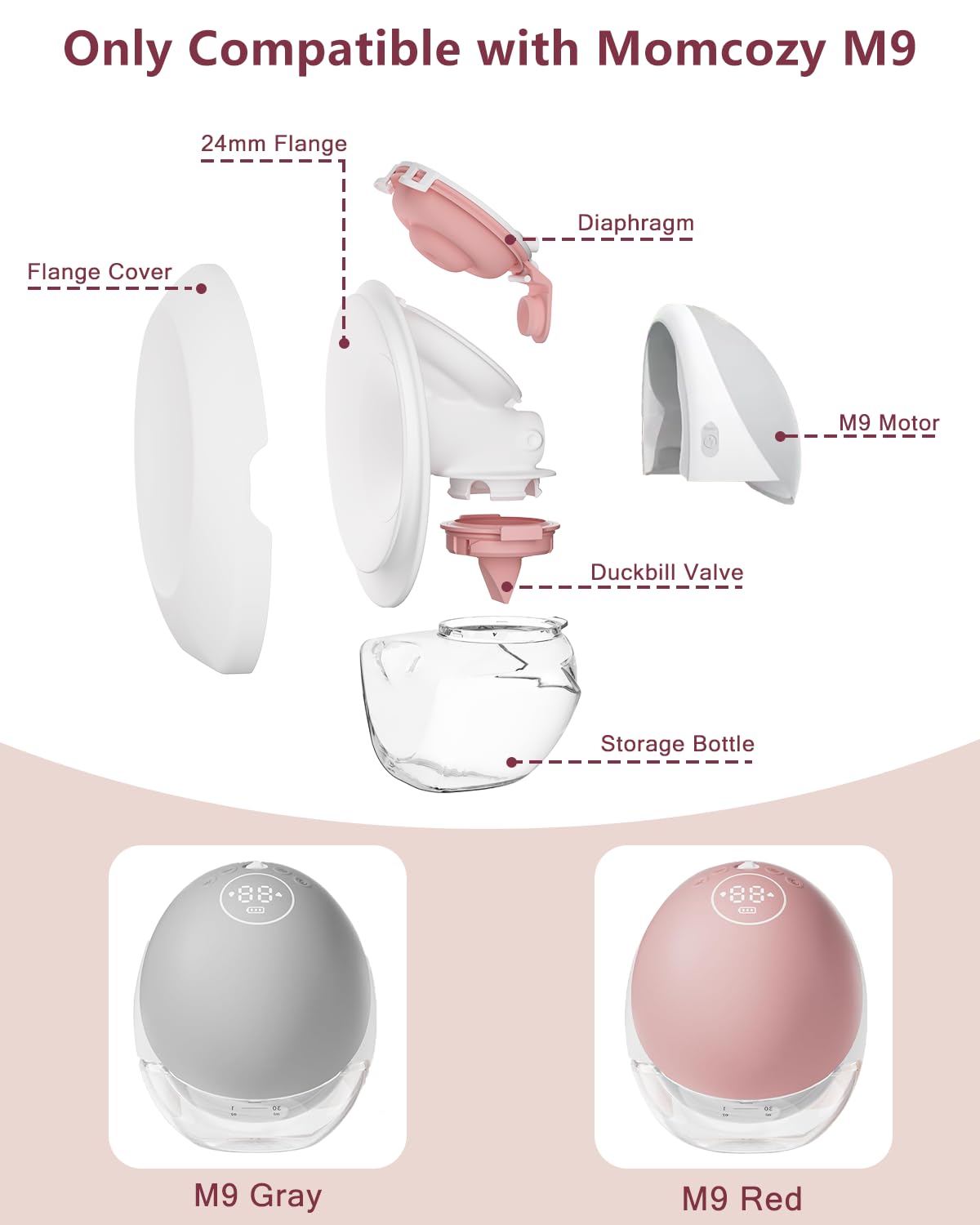 2 Pack 24mm Full Breast Pump Kits Compatible with Momcozy Upgraded Mobile Flow M9, Upgraded M9 Full Set Parts Including 24mm FlnageX2, Red ValveX2, Red DiaphragmX2, Container with Silicone LipX2