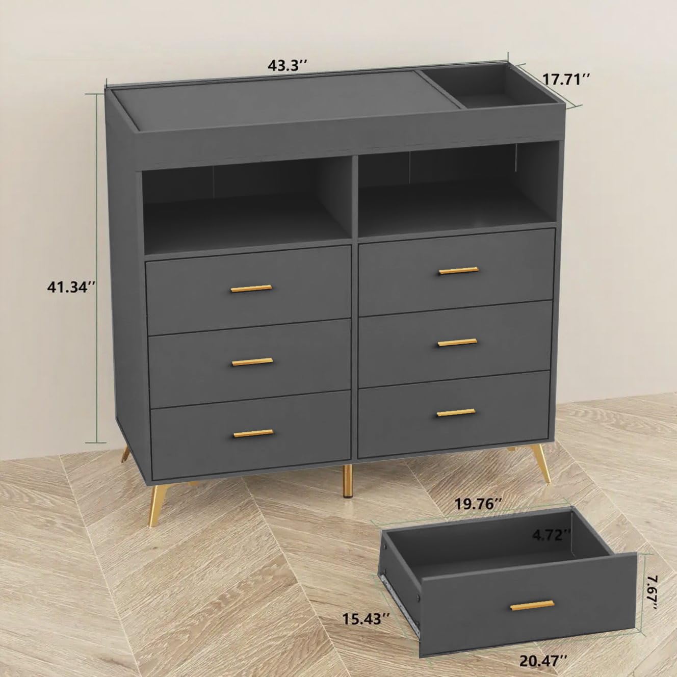 Babevy Changing Table Dresser with Drawers, Baby Dresser with Changing Table Top, Power Outlet, LED Light & Metal Feet, Diaper Changing Station Nursery Organizer for Infants Newborn (Grey)