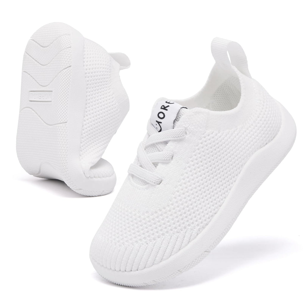 MORENDL Toddler Wide Toe Box Barefoot Shoes Baby First Walking Shoes Boys Girls Non-Slip Zero Drop Minimalist Sneakers White 9-12 Months