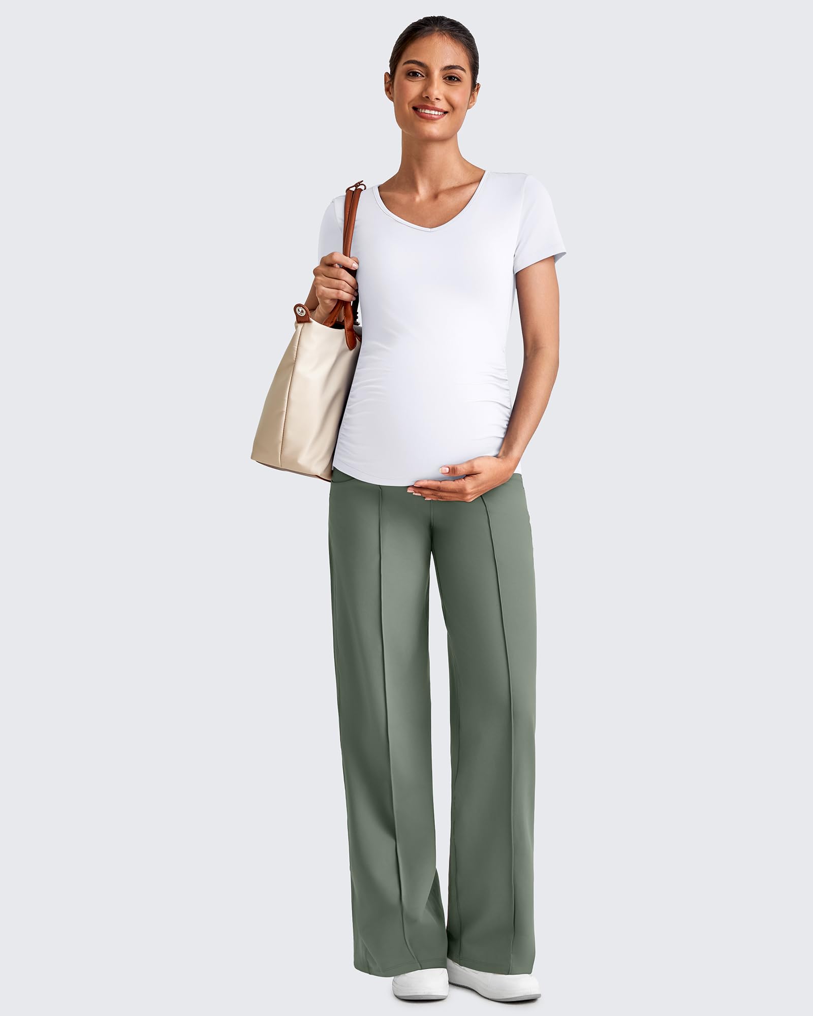 G4Free Maternity Pants Over the Belly with Pockets,Gray Sage,XS,Tall