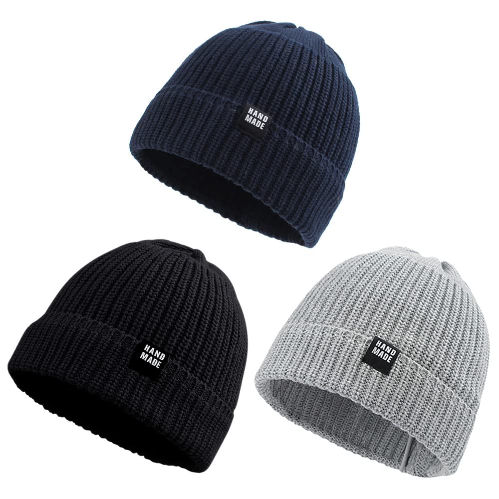 JANGANNSA Simple Knitted Baby Beanie Hip-Hop Boys Winter Hat Toddler Kids Bonnet for Girls 0-5Y (Black+Light Gray+Navy, M)