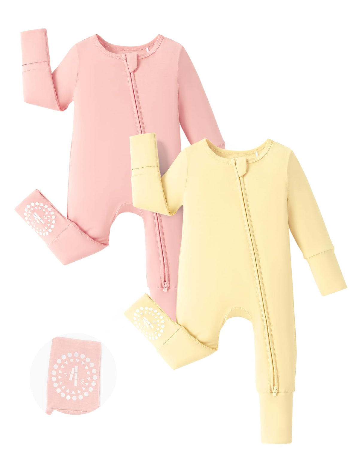 PATPAT Baby Footies Boys Girls - Bamboo Viscose - 2 Way Zipper & Non-Slip Soles Romper Mitten - Footed & Footless Infant Clothes Unisex Jumpsuit 2 Pack Raspberry/Flower/Sun 0-3 Months Beige/Pink