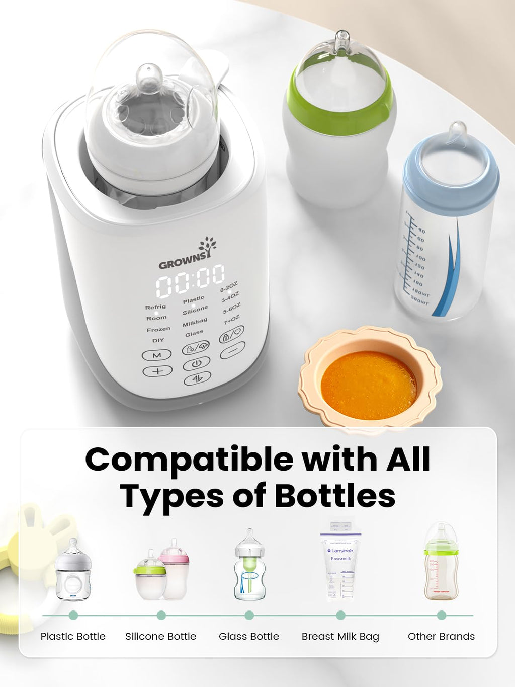 Grownsy Auto-Lift Nutri Bottle Warmer for Breastmilk & Formula, Gray