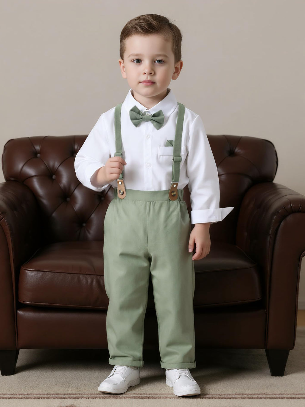 Boarnseorl Baby Boys Pants Sets, Infant Long Sleeve Shirt + Pants + Bow Tie + Suspenders Outfits,9-12M