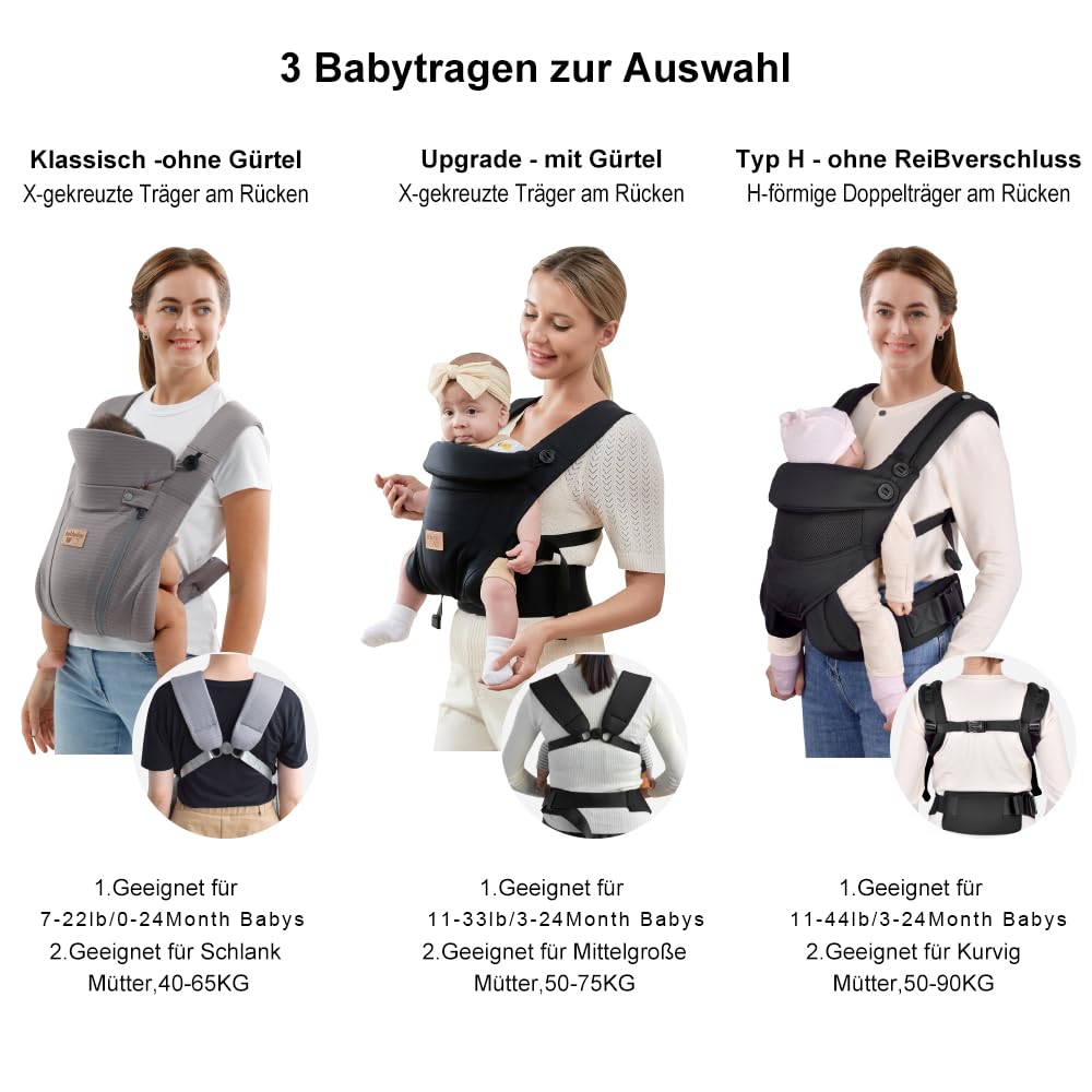 vrbabies Baby Carrier Newborn to Toddler, Ergonomic Safe Soft Breathable Infant Carrier with Adjustable Head Neck Support - Outdoor Kangaroo Front & Back Carry Baby Carriers for Baby 8-40lbs (Black)