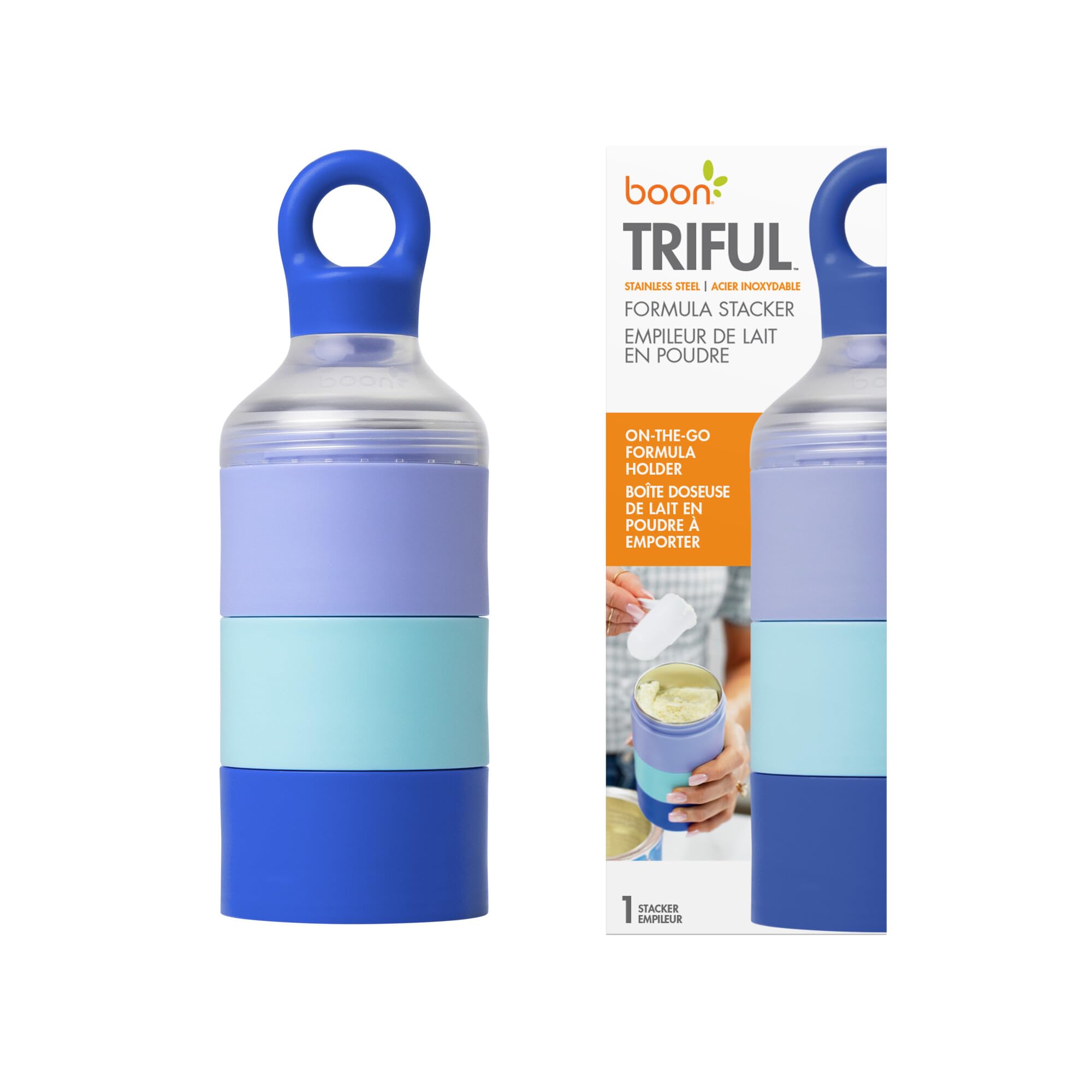 Boon Triful Baby Formula Dispenser On the Go - Insulated Stainless Steel Formula Containers with Stacking Design - Baby Bottle-Feeding Supplies for Travel, Camping, 8 oz, Blue
