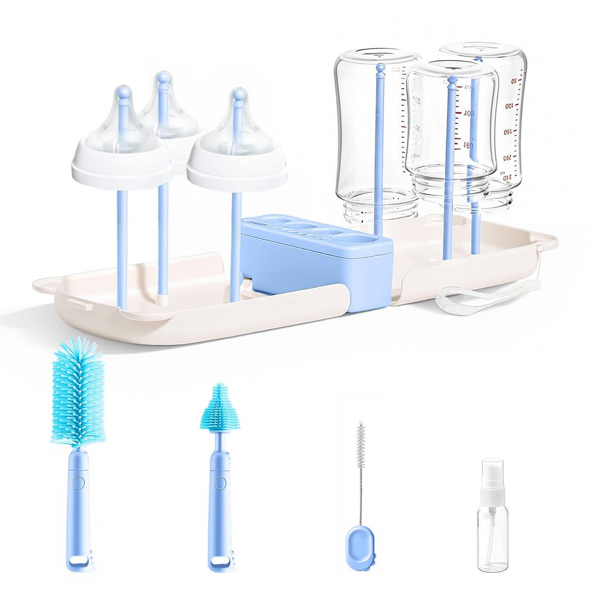 Travel Bottle Washing Kit with Storage Case, 7-in-1 Baby Travel Bottle Cleaner Kit for Travel and Home, All-in-One Baby Bottle Brush Set with Drying Rack for Bottles and Breast Pump Parts (Blue)