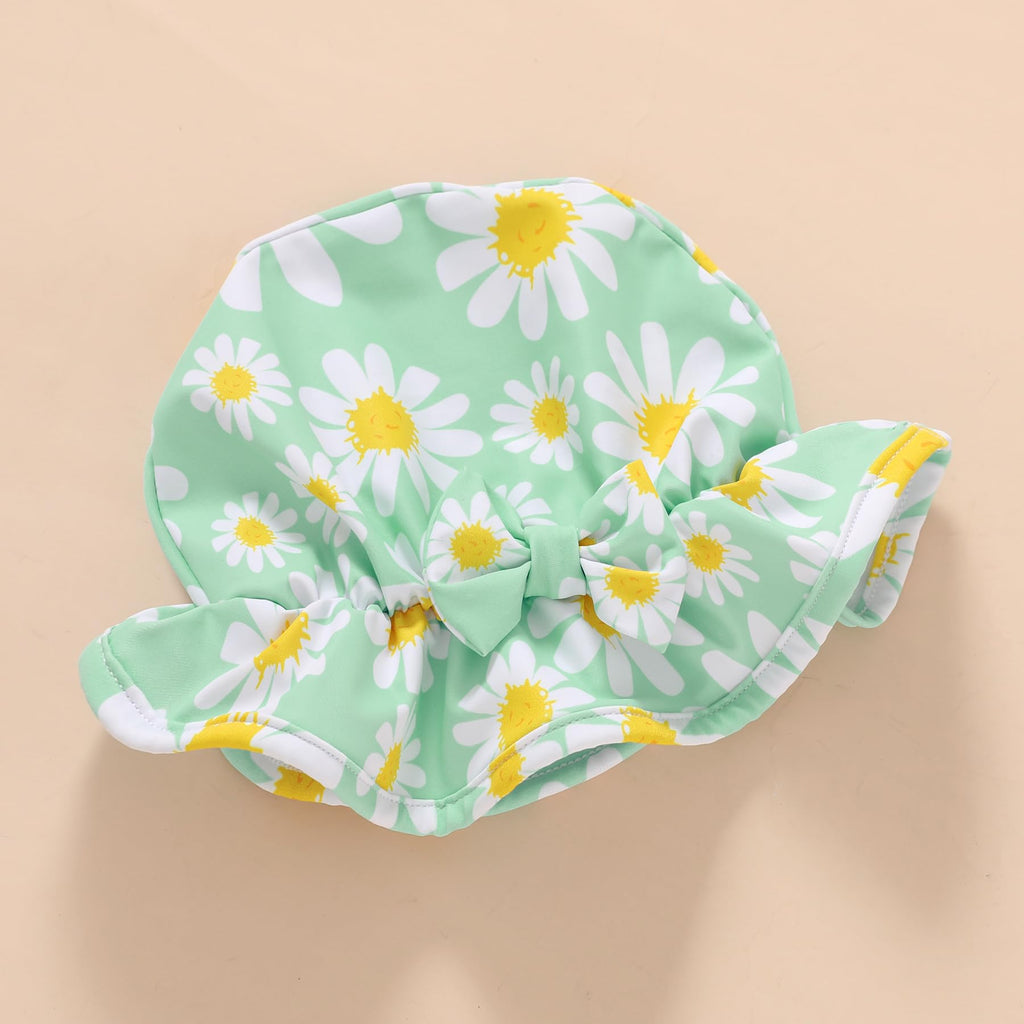 Infant Baby Girl Swimsuit One-Piece Long Sleeve Rash Guard with Hat Set Floral Zipper Bathing Suit Leopard Beach Wear(Green#Daisy, 12-18 Months)