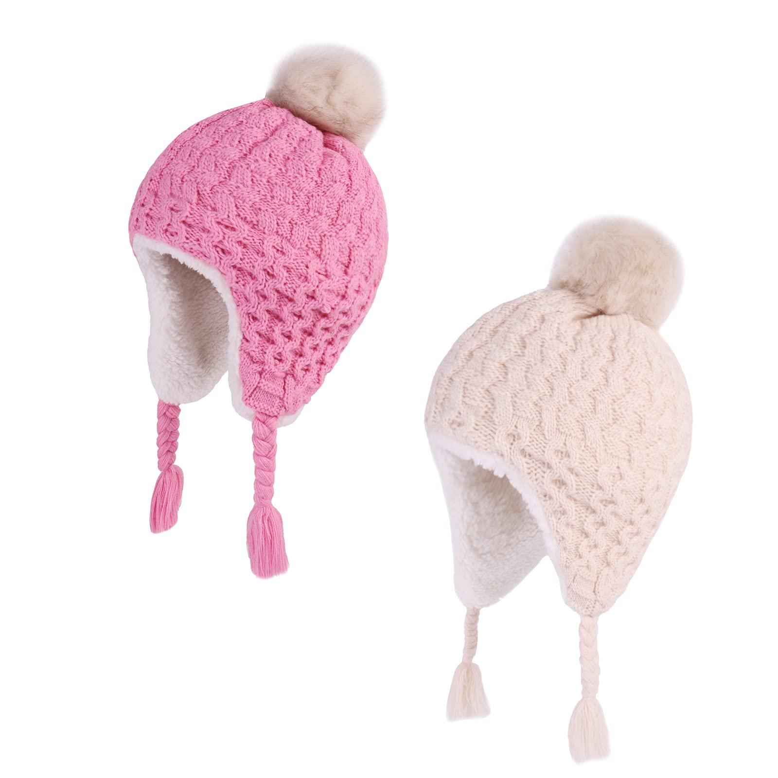 LANGZHEN Toddler Kids Winter Hat,Earflap Knit Warm Cap Fleece Lined Beanie for Baby Girls(Peach+Beige,6-12 Months)